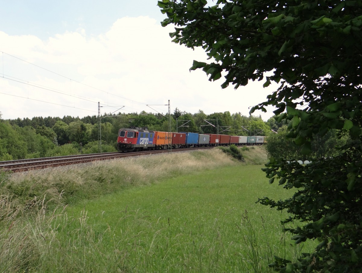 421 385 mit Schublok 295 088 sind am 18.06.14 mit einem Container in Oberj��nitz zusehen.