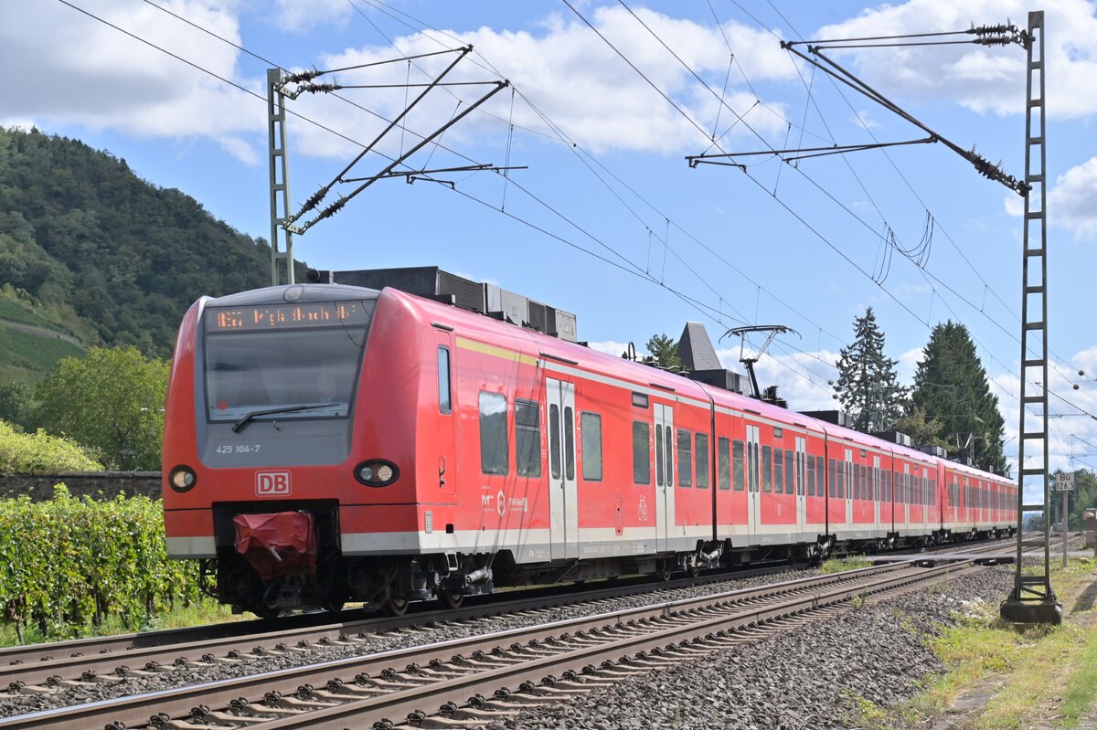 425 104  führt einen RB27 von Koblenz nach  Mönchengladbach bei Leutesdorf am Fotografen vorbei. 22.9.2023