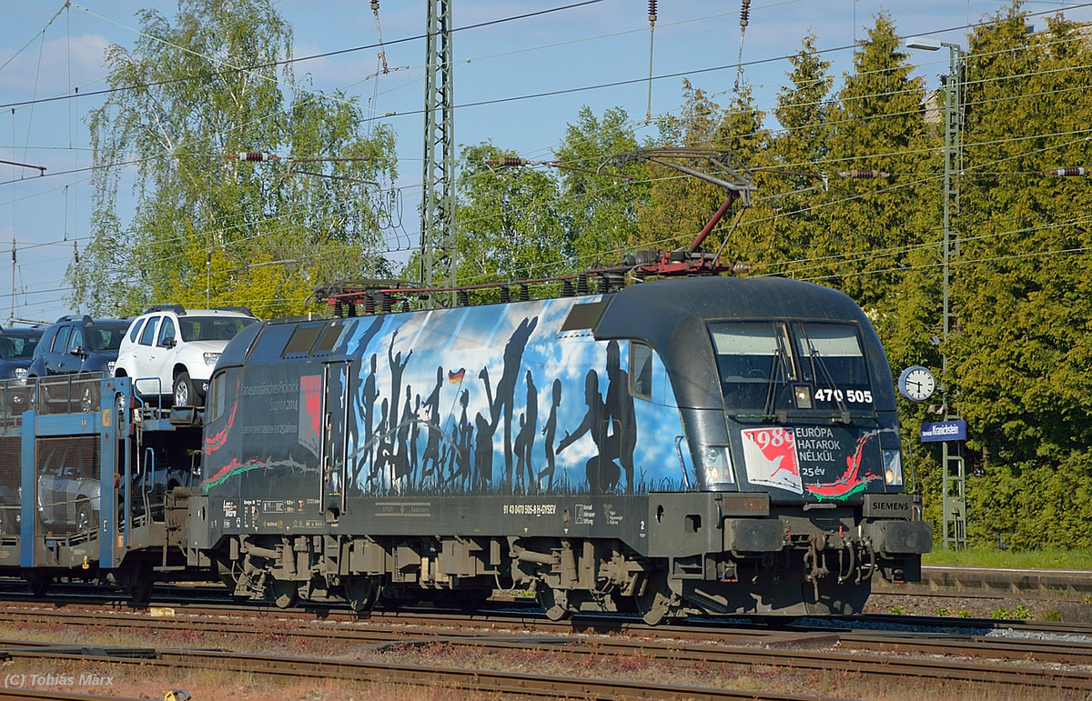 470 505 aus Ungarn (Paneurop�isches Picknick) bei der Durchfahrt mit dem Dacia-Zug durch Darmstadt-Kranichstein am 05.05.2016.