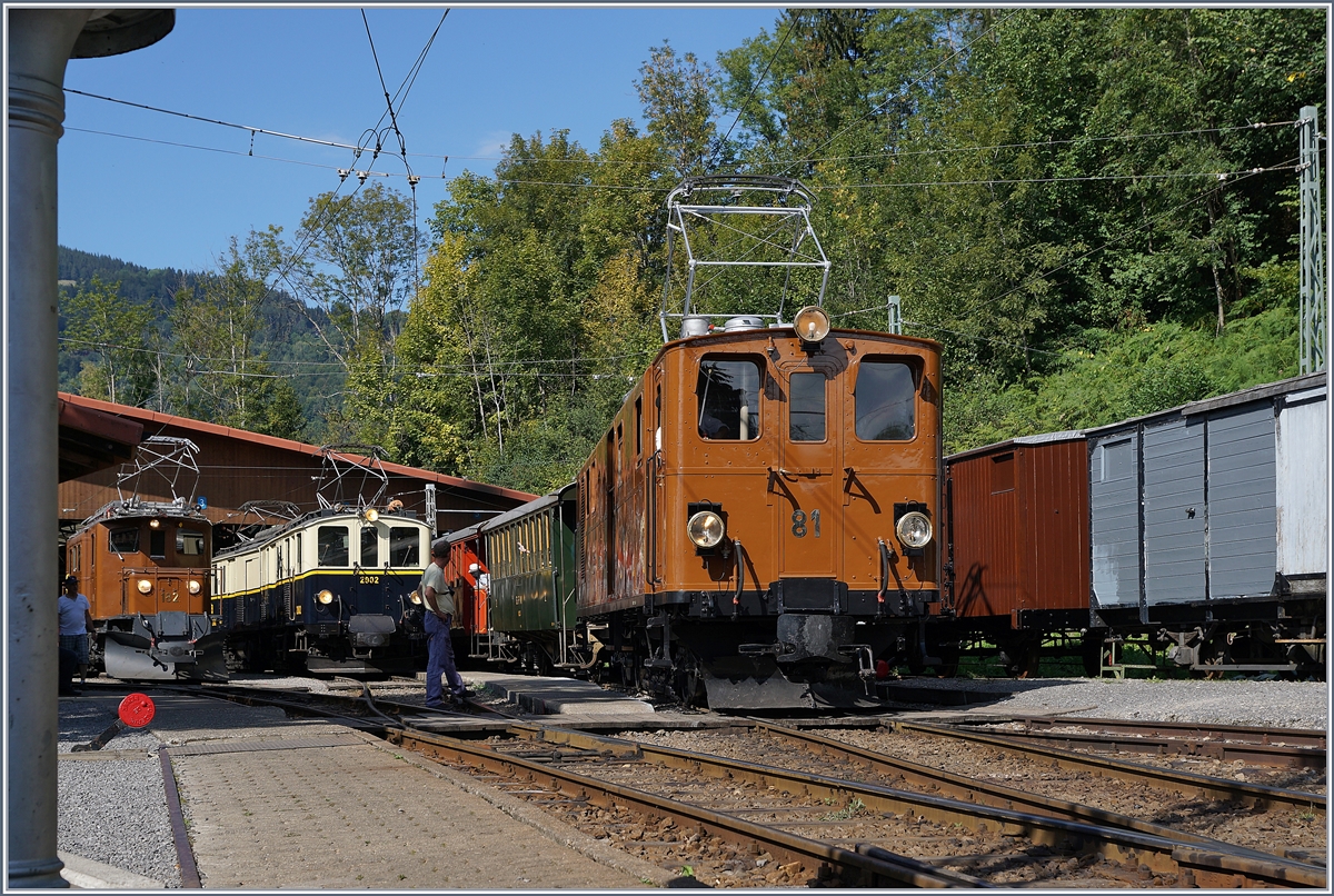 50 Jahre Blonay Chamby - MEGA BERNINA FESTIVAL: Die BB Ge 4/4 81 ist mit ihrem Zug aus Blonayin Chaulin eingetroffen. Im Hintergrund steht der FZe 6/6 der MOB und die RhB Gastlok Ge 4/4 182.
9. Sept. 2018