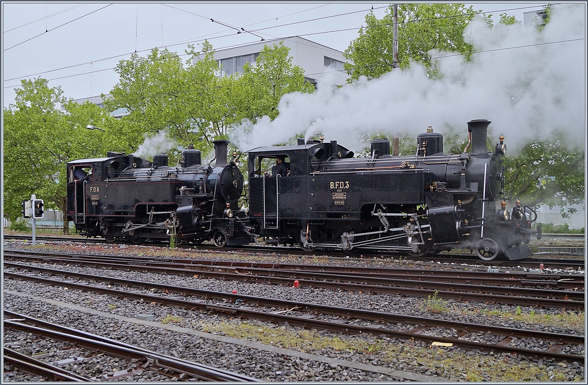 50 Jahre Blonay - Chamby; Mega Steam Festival: Die BFD HG 3/4 N° 3 der B-C und die FO HG 3/4 N° 4 der Dampfbahn Furka Bergstrecke rangieren in Vevey.

13. Mai 2018