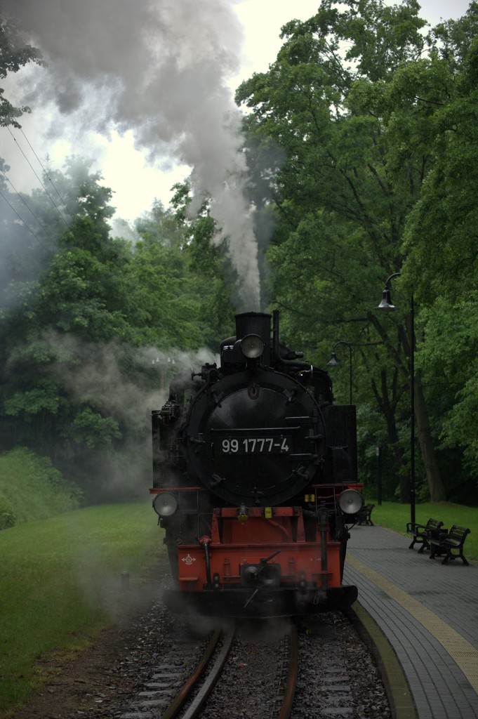 99 1777-4 bei der Abfahrt Haltepunkt L��nitzgrund. 28.05.2014 08:41 Uhr.