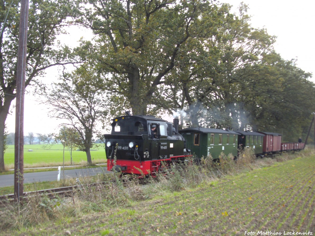 99 4511 mit dem Sonderzug-GmP zwischen Beuchow und Posewald am 12.10.14