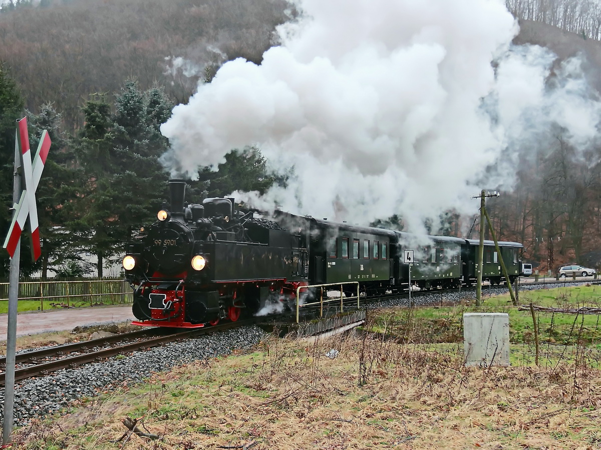 99 5901 als N 89402 bei der Ausfahrt aus den Bahnhof / Haltepunkt  Netzkater am 30. Januar 2016.