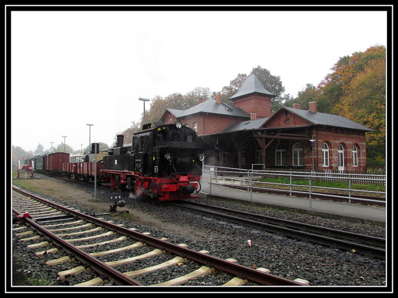 99 608 am 13.Okt.2013 im Bahnhof Putbus mit ihrem Sonderzug.
Bild des Monats Oktober 2013.