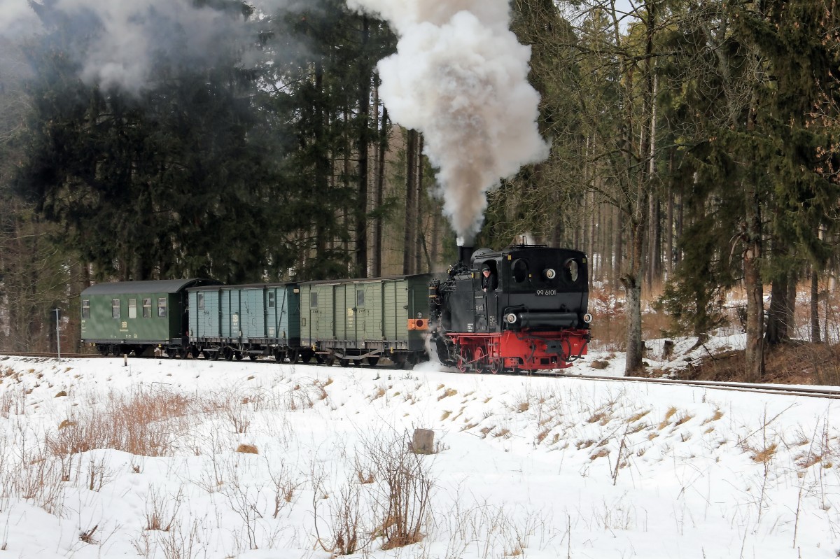 99 6101 bei der Ausfahrt aus dem Bahnhof Elend am 19. Februar 2012.