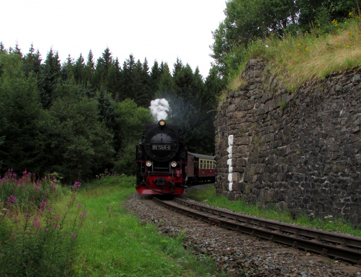 99 7245-6 passiert mit P 8929 den alten Br�clenpfeiler der SHE bei Sorge am 13.08.2014