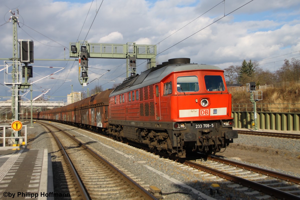 Als ich eigentlich schon gehen wollte, weil 52 8154-8 nach 1 1/2 Stunden immer noch nicht kam wurde es wieder grün. Sehr überrascht war ich dann als 233 709-5 um die Ecke kam.
Der Kohlependel Profen-Dessau bzw. leer zurück, wie in dem Fall, fährt wegen Bauarbeiten Umleitung über Leipzig Connewitz , wo ich ihn auch fotografiert habe.