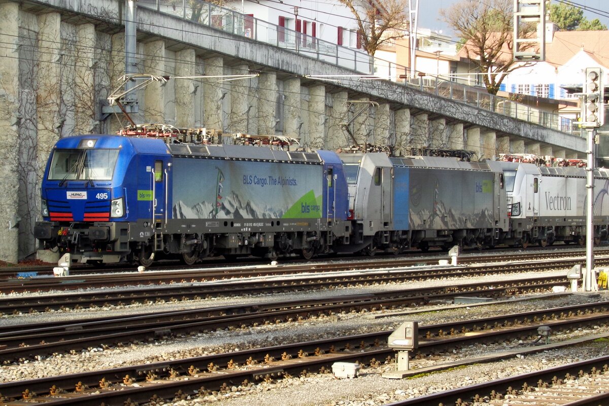 Am 1 Jänner 2019 steht BLS 193 495 mit ein Lokzug in Spiez.