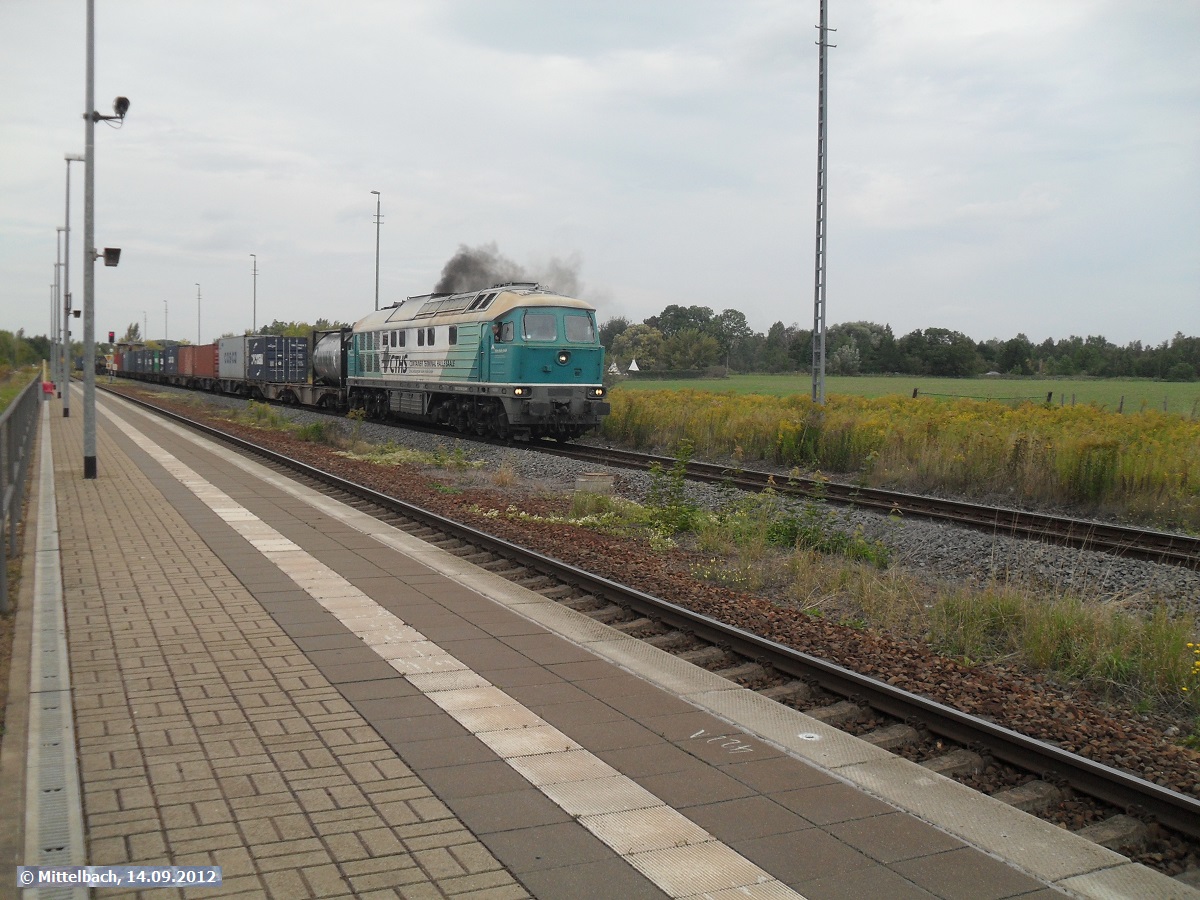 Am 14.09.2012 hat eine Lok der Br. 232, des Containerterminals Halle (Saale) ihren G�terzug aus dem Halleschen Hafen geschoben und f�hrt nun durch den Bahnhof Halle-Trotha Richtung Halle (Saale) Hbf.