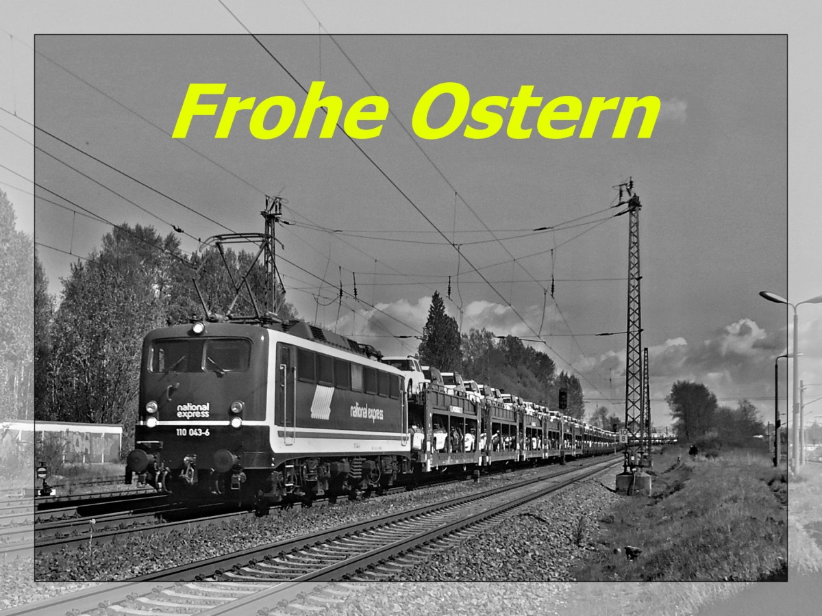 Am 15.04.2014 fuhr 110 043-6 (110 511-3) mit Autozug durch Leipzig Thekla.
Ich wünsche allen schöne Ostern und einen fleißigen Osterhasen. 