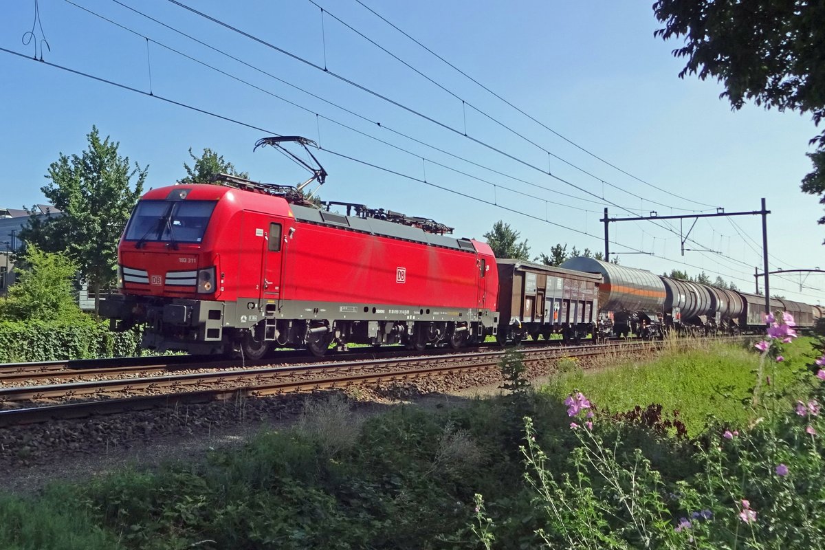 Am 28 Juni 2019 zieht 193 311 ein Mischguterzug durch Oisterwijk. 