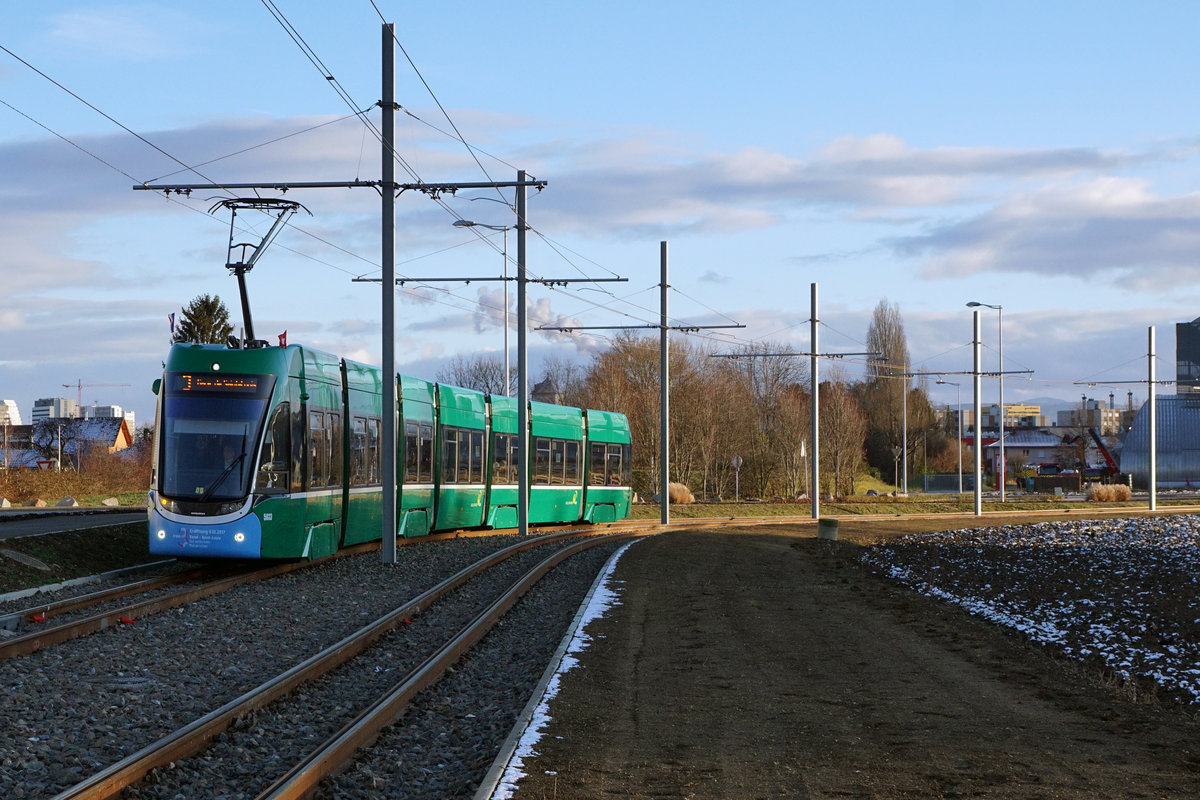 Am 9. Dezember 2017 konnten die Verkehrsbetriebe Zürich sowie die Basler Verkehrsbetriebe anlässlich von grossen Tramfesten Streckenausbauten einweihen, die ab dem kommenden Fahrplanwechsel vom 10. Dezember 2017 planmässig befahren werden.
BVB Tramlinie 3
Basel - Bahnhof Saint-Louis GUT VERBUNDEN.
Die Tramlinie 3 endet heute auf der Basler Seite bei der Haltestelle Burgfelderhof.
Ab Fahrplanwechsel, 10. Dezember 2017, verkehrt die Linie 3 bis zum Bahnhof von Saint-Louis in Frankreich.
Impressionen vom 9. Dezember 2017.
Neuer Streckenabschnitt als Überlandbahn in Frankreich.
Foto: Walter Ruetsch
