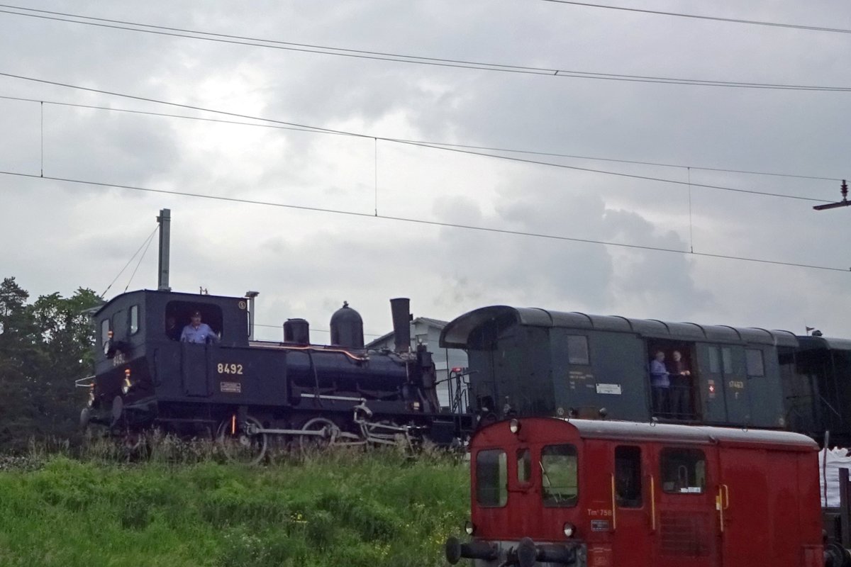 Am verregneten Mittag von 25 Mai 2019 ist SBB 'Tigerli' 8492 mit ein Sonderzug aktiv in Brugg AG. 