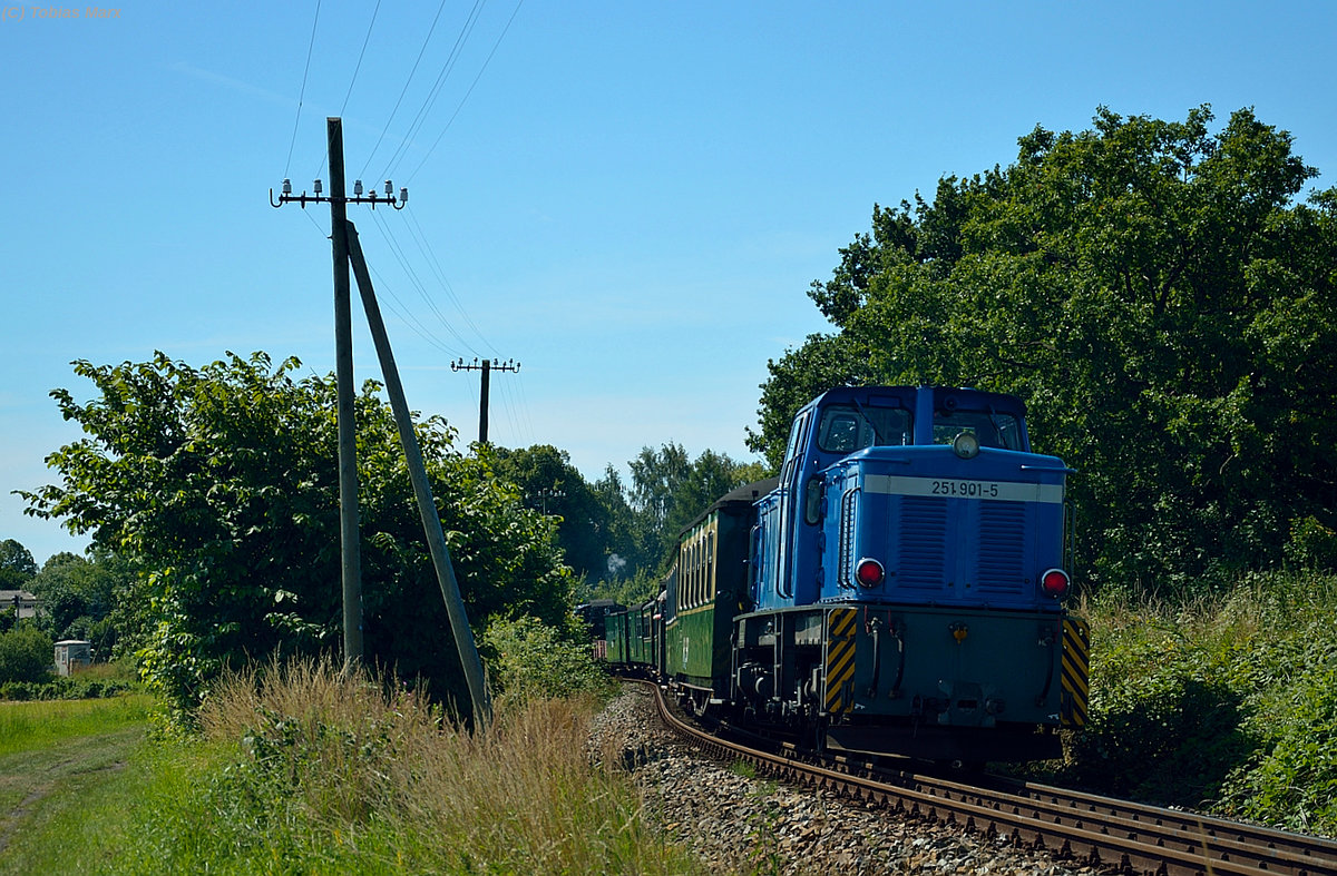 Am Zugschluss des P 102 lief die 251 901-5. Hier am 22.07.2016 zwischen Putbus und Lauterbach Mole. Da am Endpunkt in Lauterbach Mole kein Umfahrungsgleis vorhanden ist, muss am Zugschluss eine weitere Lok mitlaufen die den Zug zurück nach Putbus zieht.