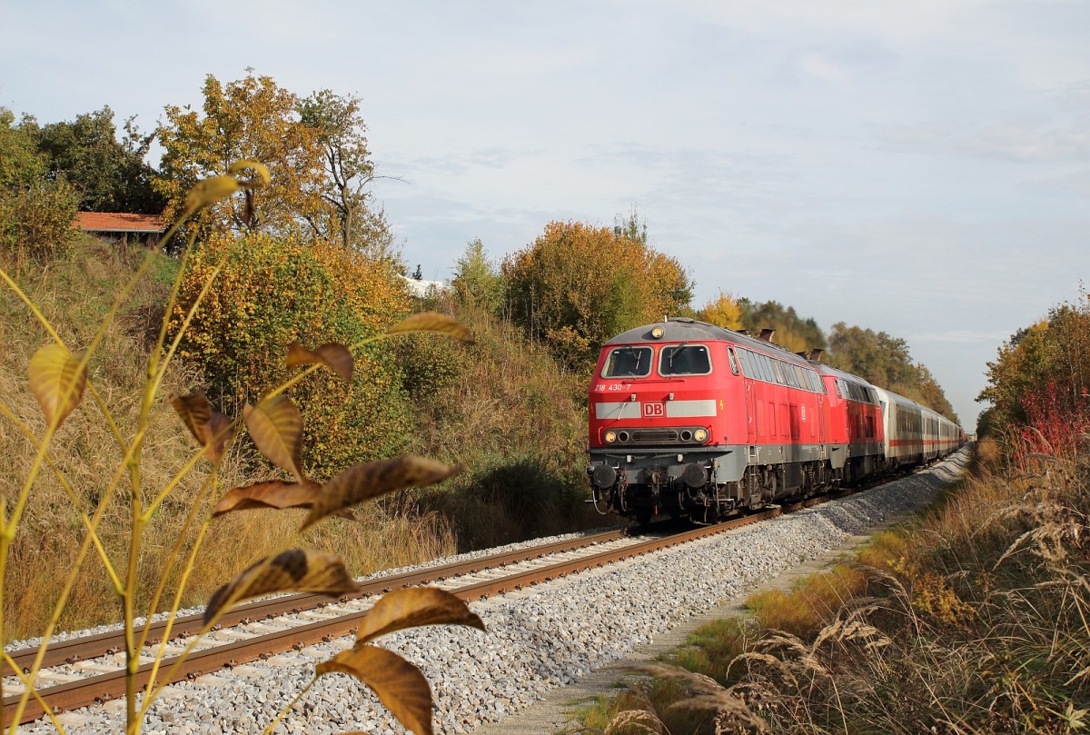 Aufgrund von Brckensanierungen auf der Strecke Mnchen-Salzburg werden an den Wochenenden 19.+20.10.13 und 26.+27.10.13 smtliche Fernverkehrszge und auch mehrere Gterzge ber die KBS 940 Mnchen-Mhldorf umgeleitet.
Am Posten Drnberg begegneten mir am 20.10.13 die 218 430-7 + 466-1 mit einem IC Richtung Mnchen. Am Zuschlu wurde 101 021-4 mitgefhrt.