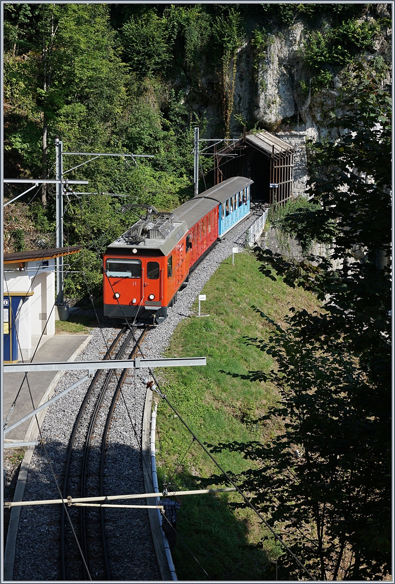 Aus Anlass des Jubiläums 125 Jahre Rocheres de Naye Bahn bietet die Zahnradbahn z.Z. täglich zwei Zugspaare unter dem Titel  La Belle Epoque fait son retour  an. 
Dieses Bild zeigt die Hem 2/2 11 mit dem talwärts fahrenden Zug (Rochers de Naye ab 16.11, Montreux an 17.10) bestehend aus den zwischen 1892 und 1909 gebauten Original-Wagen M-GL BC2 und BC 16 bei der Haltestelle Toveyre.
13. August 2017