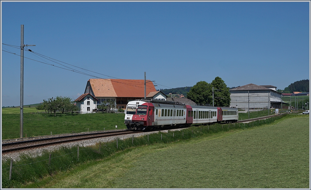 Ausgangs von Sâles, bei Vers chez Seydoux ist der TPF RBDe 567 182 mit seinem Pendelzug auf dem Weg nach Bulle.

19.Mai 2020