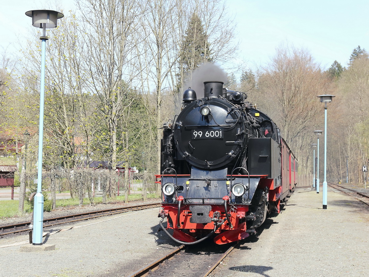 Bahnhof Alexisbad am 24. April 2015 Einfahrt 99 6001 als HSB 8965 zur Weiterfahrt nach nach Hasselfelde. 

