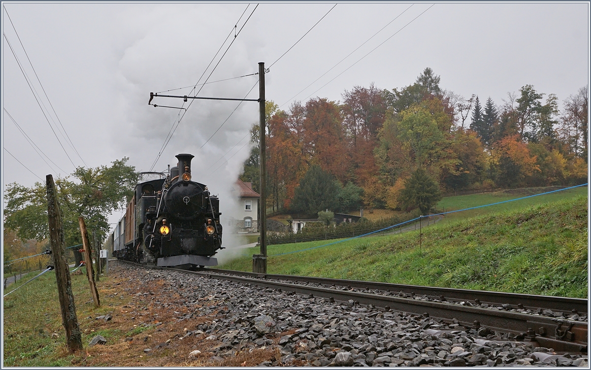 Bei diesigem Wetter dampft die BFD HG 3/4 N° 3 der Blonay-Chamby Bahn bei Chaulin in Richtung  Chamby.

27.Okt. 2018