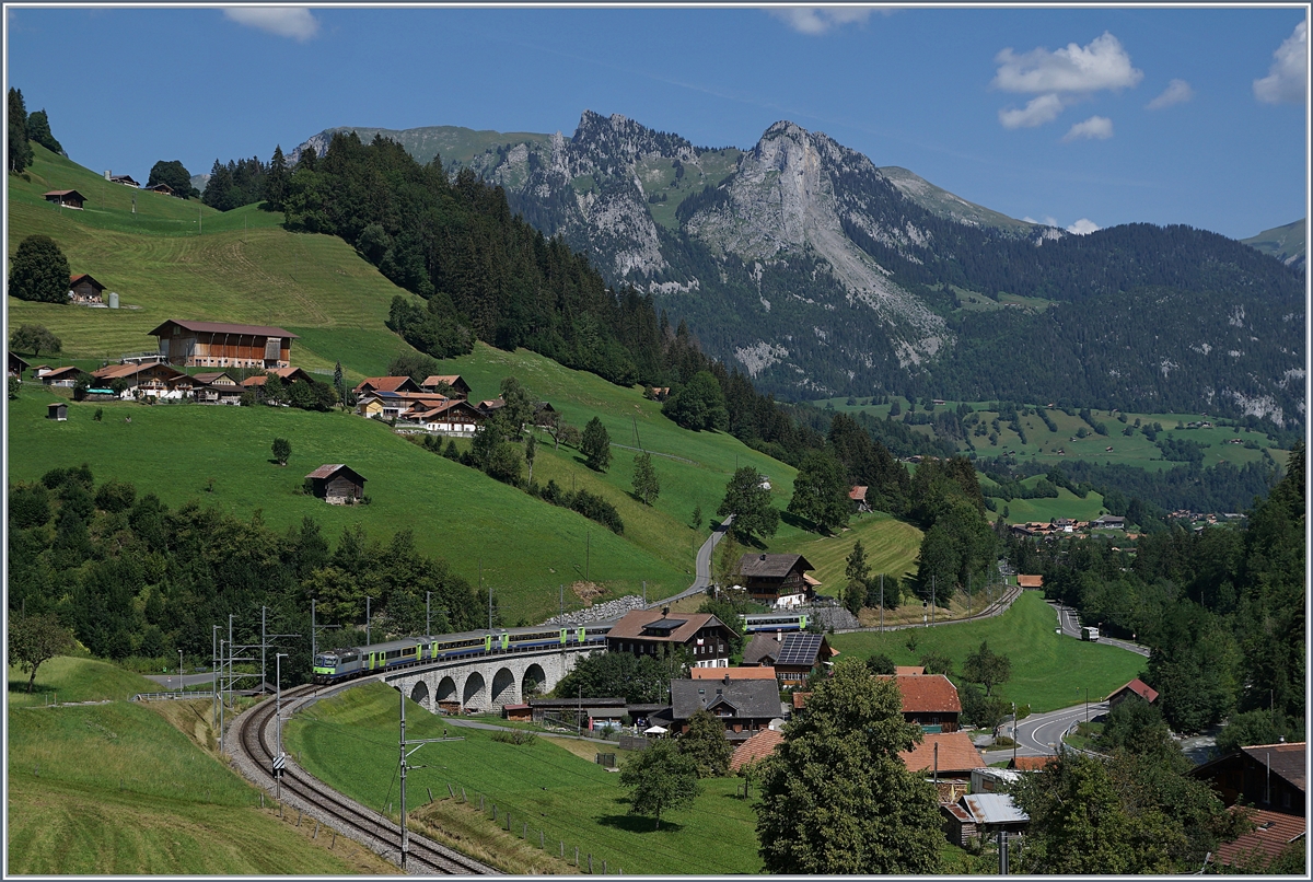 Bei Garstatt schiebt die BLS Re 4/4 II 502 ihren RE in Richtung Spiez. 

11. August 2020