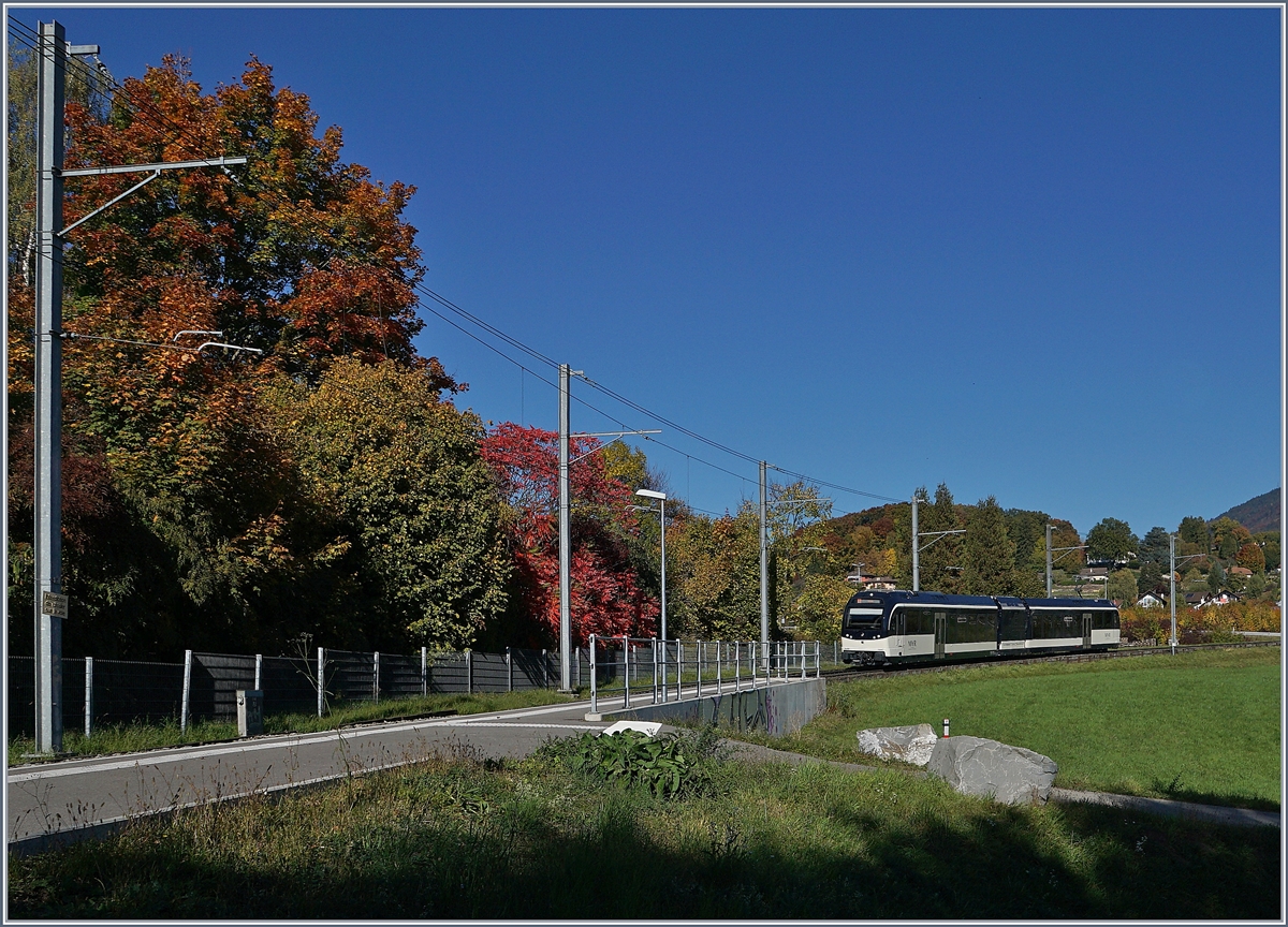 Bei herbstlicher Stimmung erreicht ein CEV MVR ABeh 2/6 von Blonay kommend den Halt Château d'Hauteville. 

18. Okt. 2019