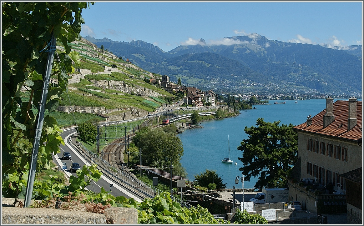 Bei der Landschaft wird die Bahn zu Detail...
Bei Rivaz, den 9.9.13