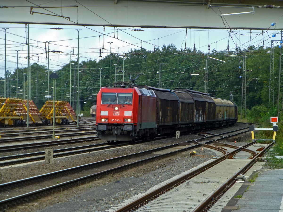 Bis Ende 2019 verkehrte eine extrem kurze Regionalbahn-Linie vom Duisburger Hauptbahnhof zum Haltepunkt Entenfang ganz im S�den der Stadt. Vor der Einstellung der Verbindung im Dezember 2019 wurde die Linie monatelang im SEV bedient, der Bahnsteig in Duisburg-Entenfang blieb aber zug�nglich. Ein gemischter G�terzug mit 185 244 an der Spitze passiert hier den Abzweig zum Bahnsteiggleis.
