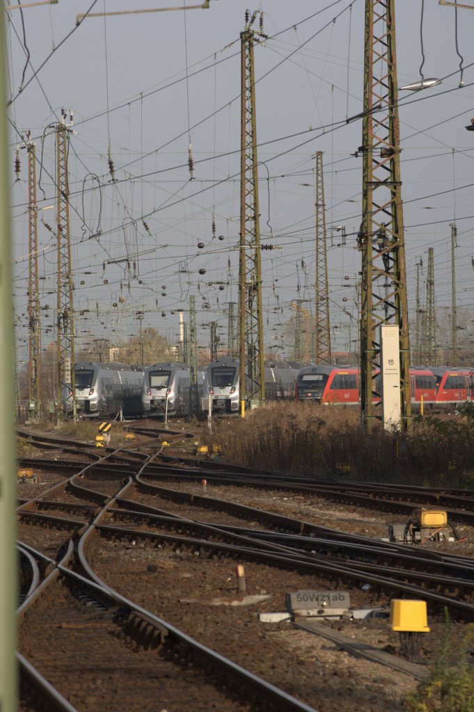Blick auf die bahnhofsvorfeldtypischen DKW in Leipzig Hbf. Im Hintergrund die abgestelltenr  der Baureihe 442 welchr f�r den MDV zwischen Halle und Leipzig  als RE oder als S-bahn unterwegs sind. 16.11.3013 12:47 Uhr