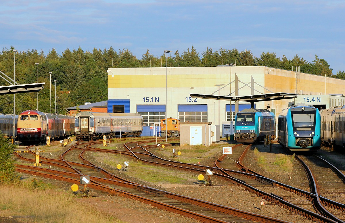 Blick auf das Bw Husum...v.l.n.r: BTEX 217 002, 2 NX n-Wagen, northrail Köf III, Paribus/NAH.SH/DB 245 206 und 622 167/667 sowie reichlich Married-Pair Wagenmaterial. Husum 03.09.2017