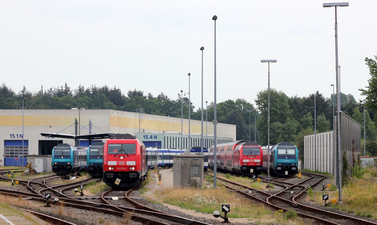 Blick in das Bw mit 245 212 208 026 004 und ganz rechts die 207. 20.07.2019