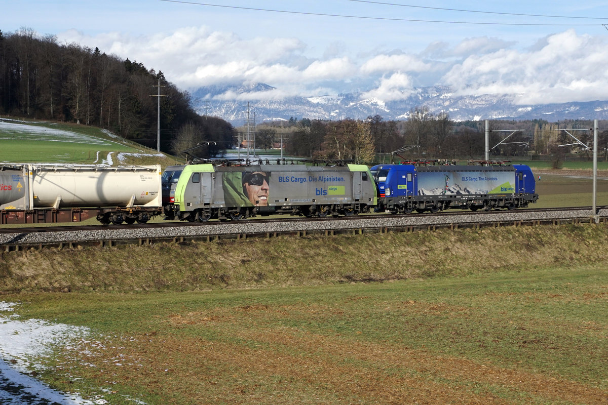 BLS CARGO:
Doppeltraktion bestehend aus zwei verschiedenen Lokomotiven auf der Fahrt in Richtung Deutschland bei Bollodingen am 9. Februar 2019.
Bei den Lokomotiven handelt es sich um die 193 495 und 486 502.
Foto: Walter Ruetsch