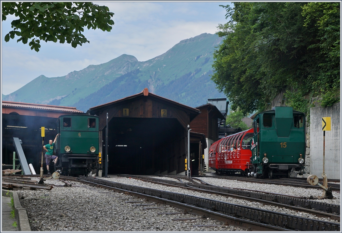 BRB H 2/3 N°6 (Kohlebefeuert) und N° 15 (Leichtölbefeuert) in Brienz.
8. Juli 2016