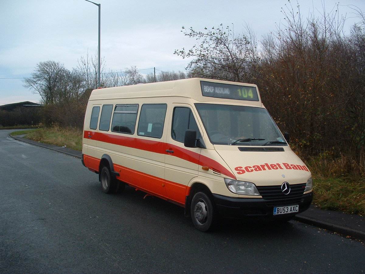 BU53 AXC
2003 Mercedes Benz 411CDi
Koch B16F
Scarlet Band, West Cornforth, County Durham, England.

New to Northumbria Coaches, Northumbria, England.

Photograph taken at Newfield, County Durham, England on 19th November 2012.