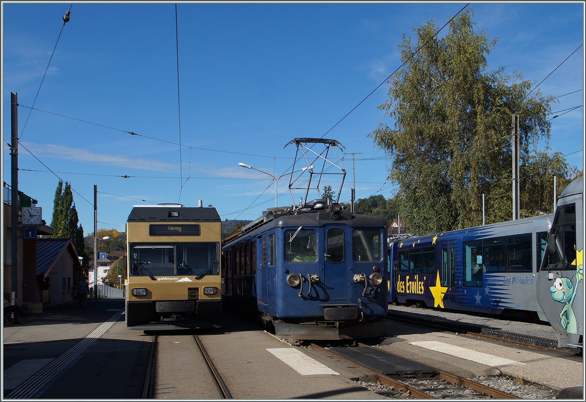 CEV GTW Be 2/6 7003 und MOB BDe 4/4 3004 in Blonay.
14. Okt. 2014