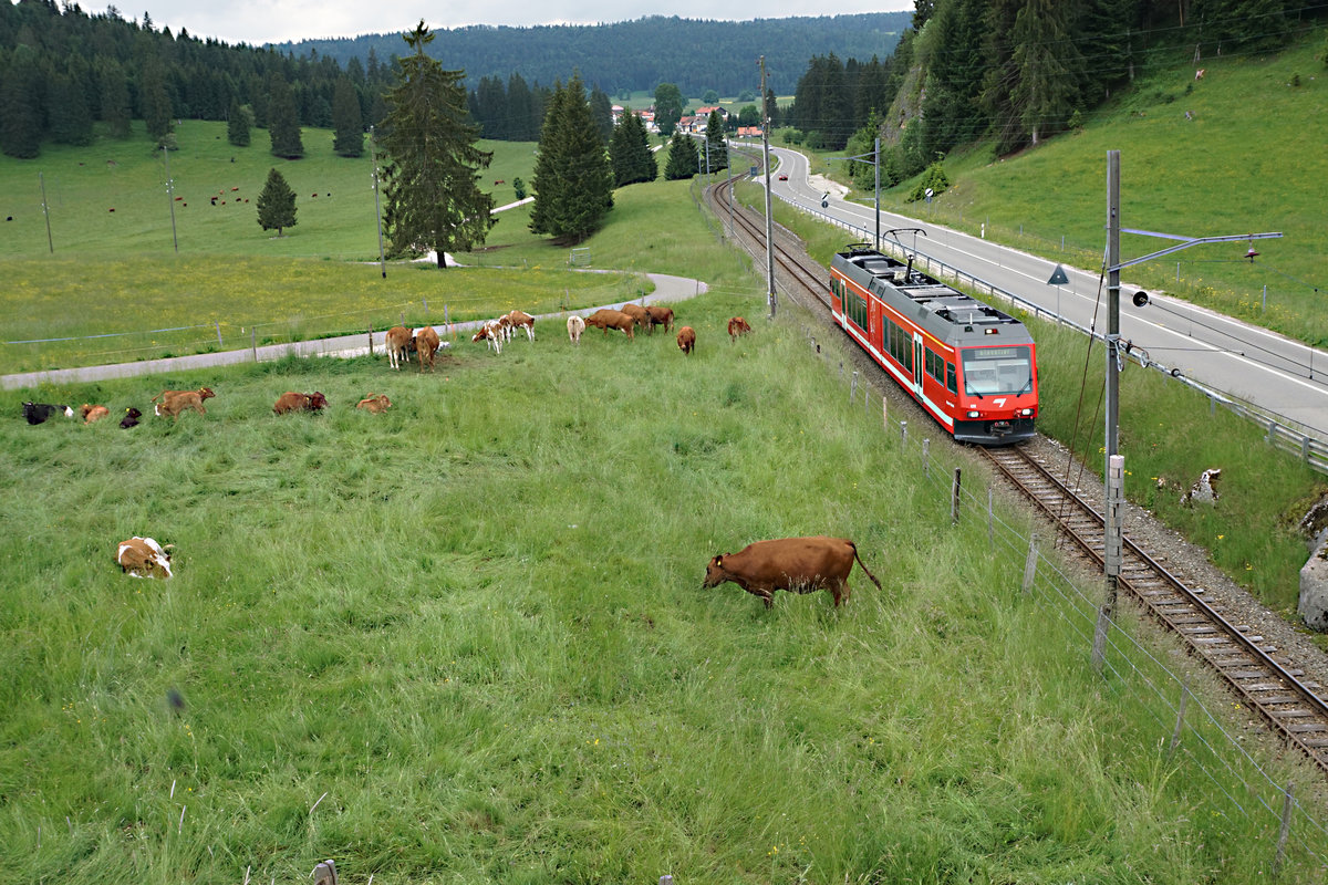 Chemins de fer du Jura, CJ.
Regionalzug Le Bois - Saignelégier mit ABe 2/6 632 bei Muriaux unterwegs am 5. Juni 2018.
Foto: Walter Ruetsch 