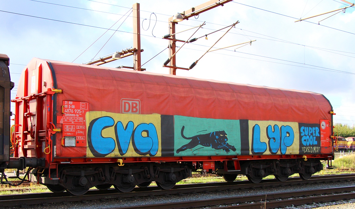 D-DB 31 80 4876 925-7 der Gattung Sahimms-tu900.2, sechsachsiger Schiebeplanwagen zum Transport von Coils. Pattburg/DK 16.09.2022