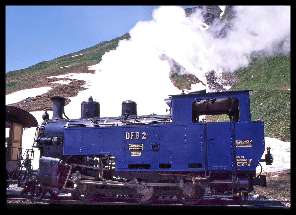 Dampfbahn Furka Bergstrecke: HG 3/4 2, ehemals Vietnamesische Bahn 30-202, heute mit der Nummer 9 versehen, in schwarzem Anstrich und wieder ohne den erweiterten Kohlekasten am Führerstand. 1.Juli 1995