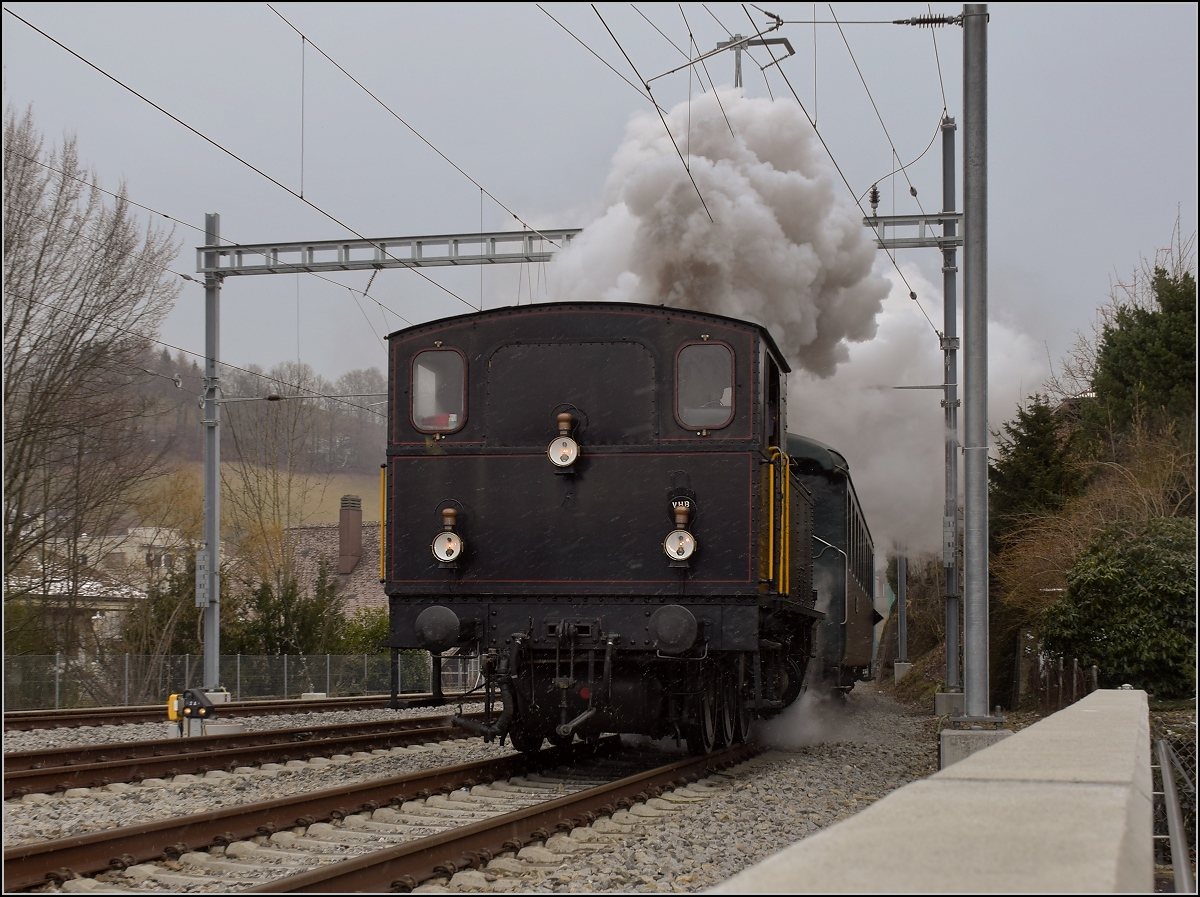 Dampflok Ed 3/4 Nr. 2 der Solothurn-Münster-Bahn in Huttwil. Betreut wird die Lok durch den Verein historische Emmentalbahn. Februar 2018.