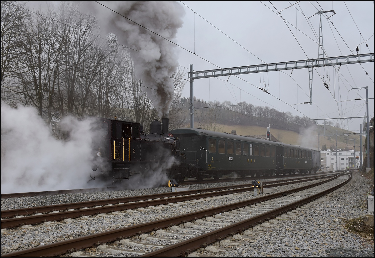 Dampflok Ed 3/4 Nr. 2 der Solothurn-Münster-Bahn in Huttwil. Betreut wird die Lok durch den Verein historische Emmentalbahn. Februar 2018.