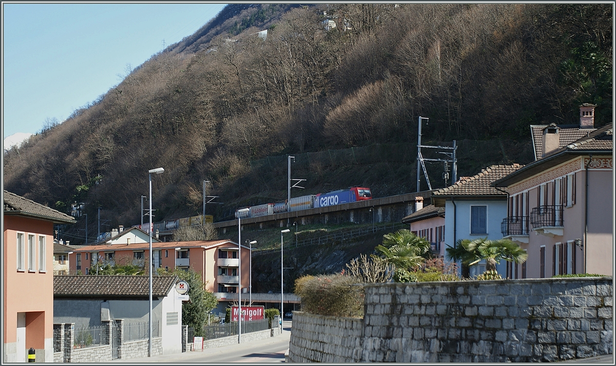 Das Bild zeigt, wie relativ unauffällig sich die Bahn in die Landschaft bzw. Siedlungen integriert: Eine SBB Cargo Re 484 mit ihrem Güterzug auf dem Weg nach Luino beim Einfahrsignal von Magadino Vira. 

21. März 2013