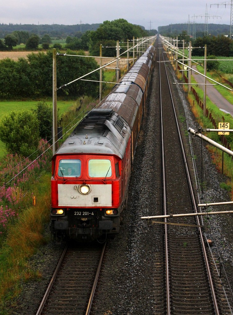 DB 232 201-4 mit dem EZ 47420 nach Esbjerg aufgenommen von der  So da  Brücke bei Lürschau/Schleswig. 27.07.2015