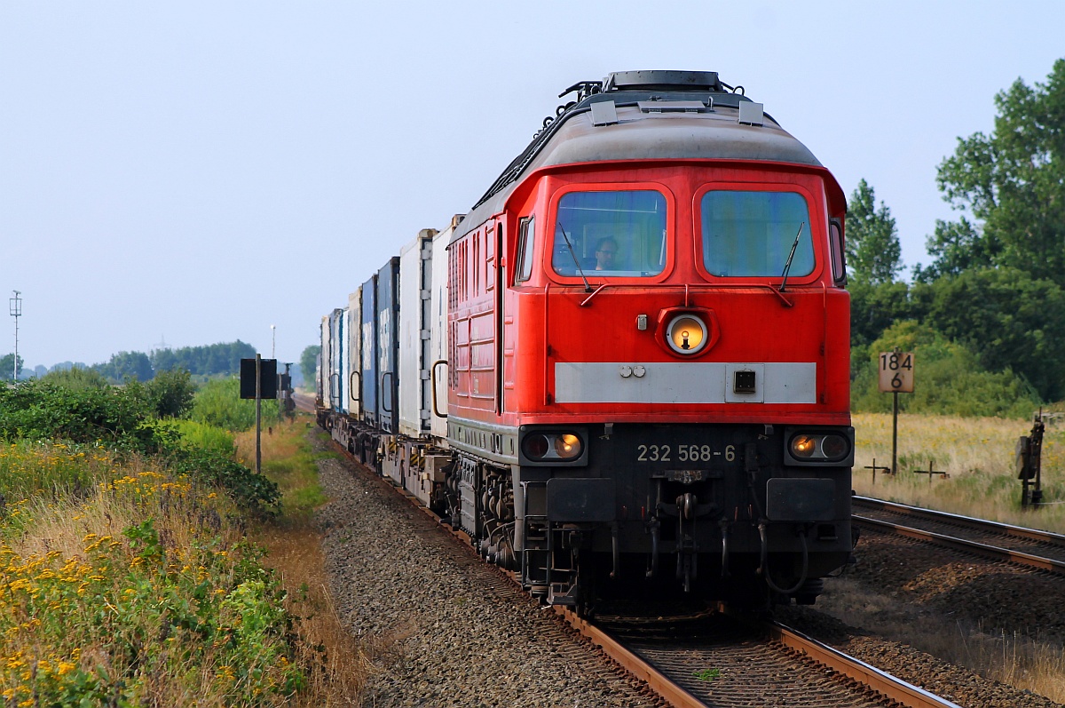 DB 232 568-6 dieselt hier mit einem KLV in Langenhorn am Fotografen vorbei Richtung Hamburg. 02.08.2014