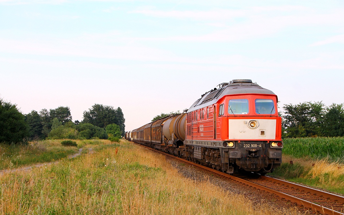 DB 232 908-4 mit dem EZ/GD 44716 aus Maschen auf dem Weg nach Dänemark hier festgehalten am Bü Sollbrück III der Strecke (Kiel)Jübek-Husum(KBS 134). 22.07.2014