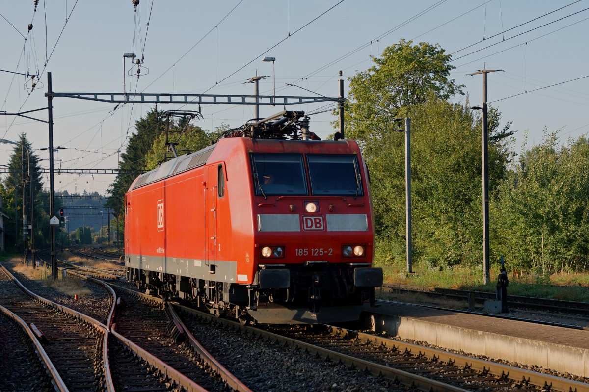 DB BR 185 anstatt SBB CARGO Re 6/6: Da an den Samstagen für das Stahlwerk Gerlafingen nur eine Güterzugszufuhr stattfindet, werden die Wagen von der Gravita und dem Rangierpersonal des Stahlwerkes weggestellt, da kein Rangierpersonal der SBB anwesend ist. Am 12. September 2015 stand für diese Leistung die Gravita  BIBERIST  im Einsatz. Die Gravita  GERLAFINGEN  wurde bereits zu einem früheren Zeitpunkt auf dieser Seite veröffentlicht. Vermehrt werden die Zufuhren nach Gerlafingen mit DB BR 185 anstatt mit SBB CARGO Re 6/6 bespannt. Nach getaner Arbeit verlässt die DB 185 125-2 den Bahnhof Gerlafingen als Lokzug in Richtung Solothurn.
Foto: Walter Ruetsch 