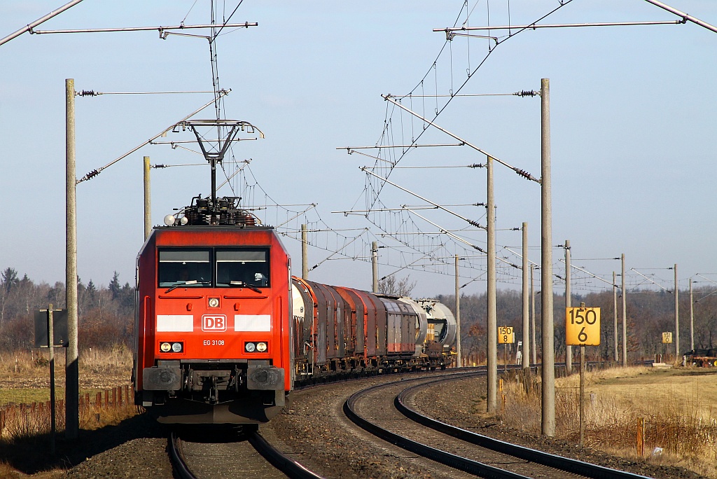 DBS/RSC EG 3108 mit dem EZ 44733 aufgenommen vom Bü Jübek-Nord aus(KM 150,455)an der KBS 131. Jübek 06.04.2013