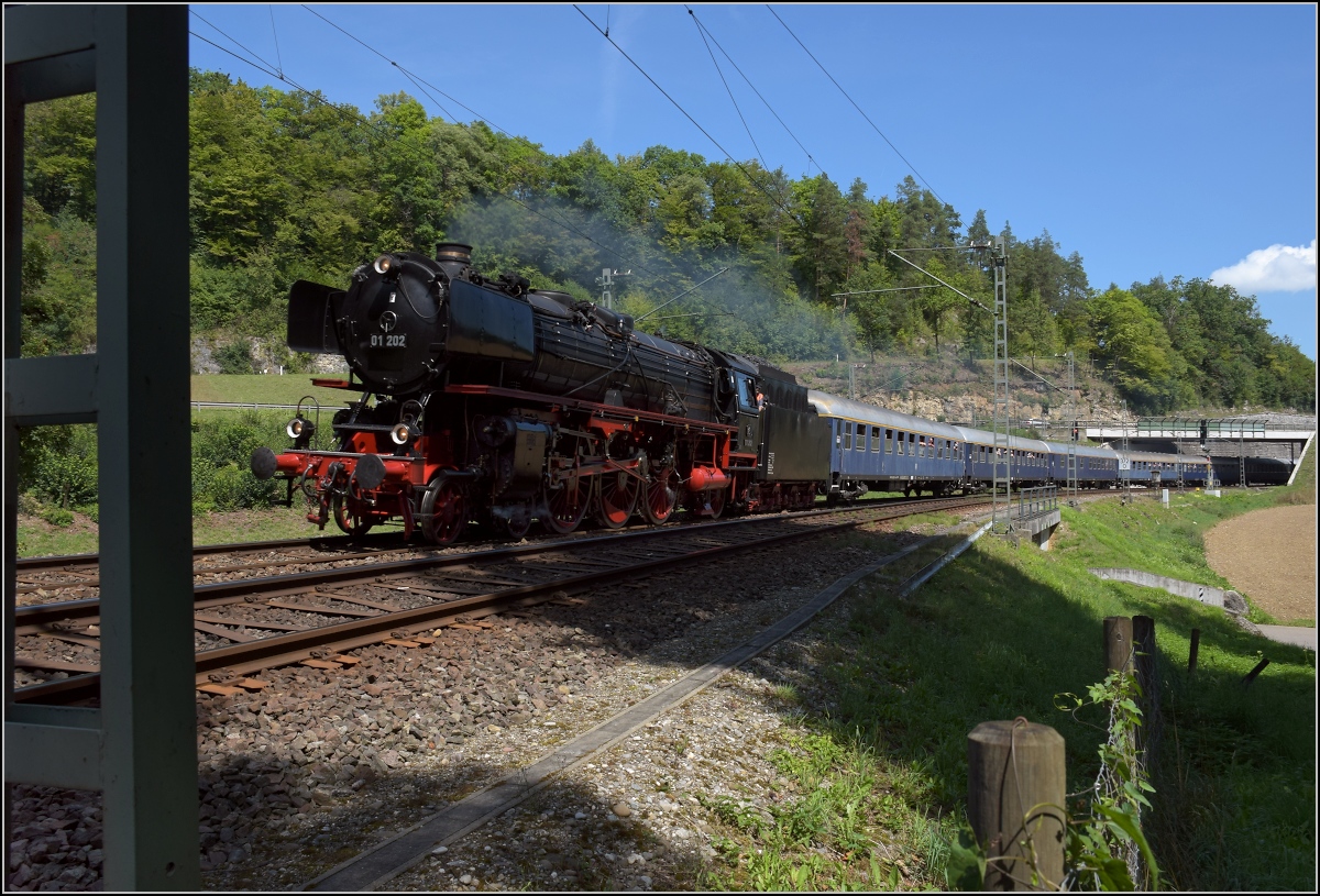 Den Rundkurs Schaffhausen - Etzwilen - Singen - Schaffhausen konnte man zuletzt 1969 mit Personenzügen fahren. Dies ist der erste Sonderzug auf diesem Weg seit 1969 kurz vor Erreichen seines Startpunkts Schaffhausen. Thayngen, August 2020.