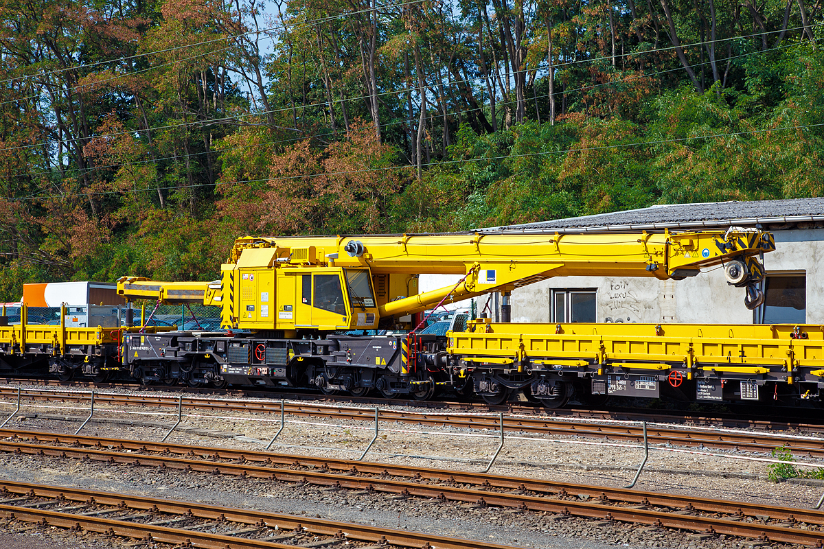 Der 125t Gleisbauschienenkran - KIROW Multi Tasker KRC 910 der Hering Bahnbau GmbH (Burbach), Schweres Nebenfahrzeug Nr. 99 80 9419 014-2 D-HGUI, ist in Transportstellung mit dem Gegengewichtwagen 33 80 3998 293-3 D-HGUI (Gattung Res 072-1) und dem Schutzwagen 33 80 3998 265-1D-HGUI (Gattung Res 072-1), am 18.08.2018 im Bahnhof Au (Sieg) abgestellt.

Der Kran wurde 2016 von der Kirow Ardelt GmbH (Leipzig) unter der Fabriknummer  MT2015170784 gebaut und an die Hering Bau geliefert..

TECHNISCHE DATEN:
Eigengewicht: 104 t (in Transportstellung)
Lnge ber Puffer: 13.000 mm (ohne Kranausleger), in Transportstellung mit den beiden Schutzwagen 13.000 mm + 2x19.900 mm = 52.800 mm
Achsanzahl: 8
Drehzapfenabstand: 8.000 mm
Drehzapfenabstand im Drehgestell 1 und 2: 2.300 mm
Achsabstand in den Einzeldrehgestellen: 1.100mm
Ergebene Achsabstnde in m: 1,1 / 1,2 / 1,1/ 4,6 / 1,1 / 1,2 / 1,1
Achsfolge: 1'A'1A'A1'A1'
Lauf-  und Treibraddurchmesser: 730 mm (neu)
Achslast: 13,0 t (Streckenlast 8,0 t/m)
Zugelassene Streckenklasse: CE oder hher
Dieselmotor: Wassergekhlter Cummins 6-Zylinder Reihenmotor mit Partikel-Filter
Motorleistung: 200 kW
Not-Dieselmotor: Luftgekhlter 2-Zylinder Viertakt-Dieselmotor mit Direkt-Einspritzung vom Typ Hatz 2 G 40 mit einer Leistung16 kW bei 3000 U/min
Fahrgeschwindigkeit im Zugverband: 100 km/h
Fahrgeschwindigkeit mit Eigenantrieb: 19 km/h
Zul. Anhngelast: 160 t
kleinster befahrbarer Radius: 80 m
Bremse: KE-GP mZ
Max. Tragfhigkeit abgesttzt: 100 t
Max. Tragfhigkeit freistehend: 90 t
Max. Traglast bei max. Ausladung: 23 t
Max. Hakenhhe: 21.000 mm

Besondere Ausstattung
berhhungsausgleich bis 180 mm
Schwenkradius:  360
Absttzung ausfahrbar bis 8 m
Gegengewicht stufenlos verstellbar
