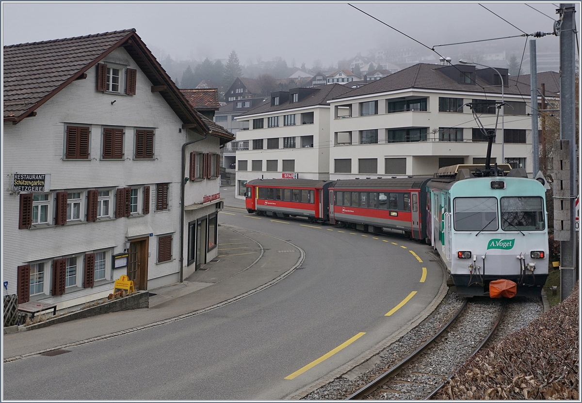 Der Appenzeller Bahn BDeh 4/4 No 14 mit der  Vogel  Werbung bei der Ausfahrt in Teufen.
17. Mrz 2018