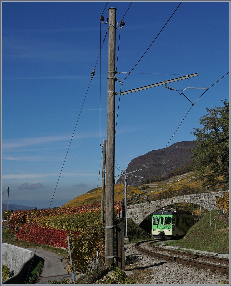 Der ASD BDe 4/4 401 steigt von Aigle Richtung Les Daiblerets hoch. 
Bei Aigle, den 28. Okt. 2016